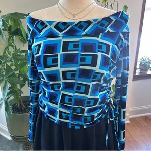Vintage Blue Geometric Long Sleeve Blouse